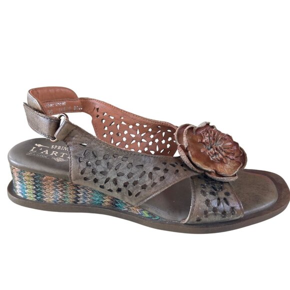 Spring Step L'Artiste Floral Low Boho Wedge Sandals Size 36 Leather Multicolor - Picture 1 of 10